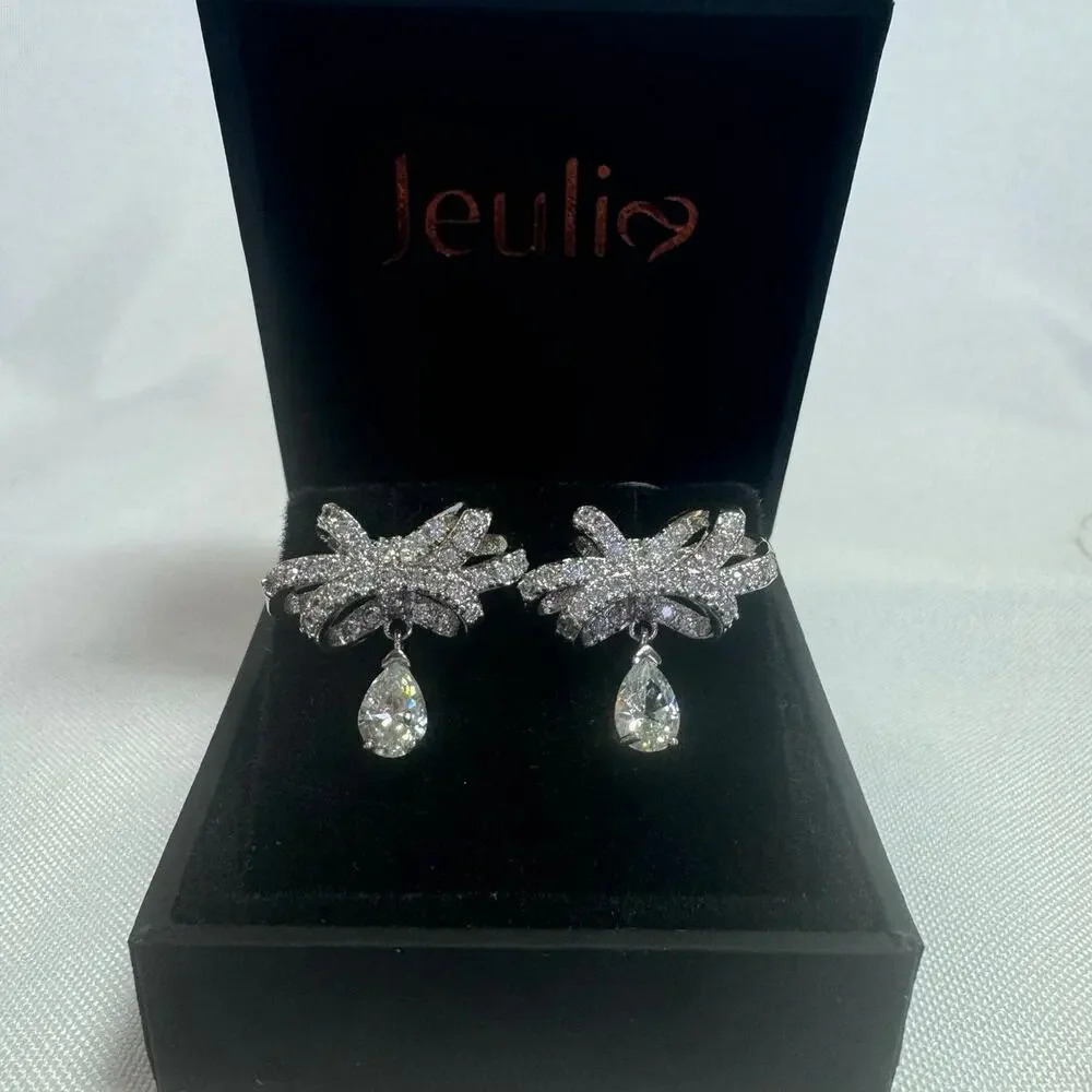 JEULIA Bowknot Pear Cut Drop Earrings, Silver Plated - Picture 3 of 3